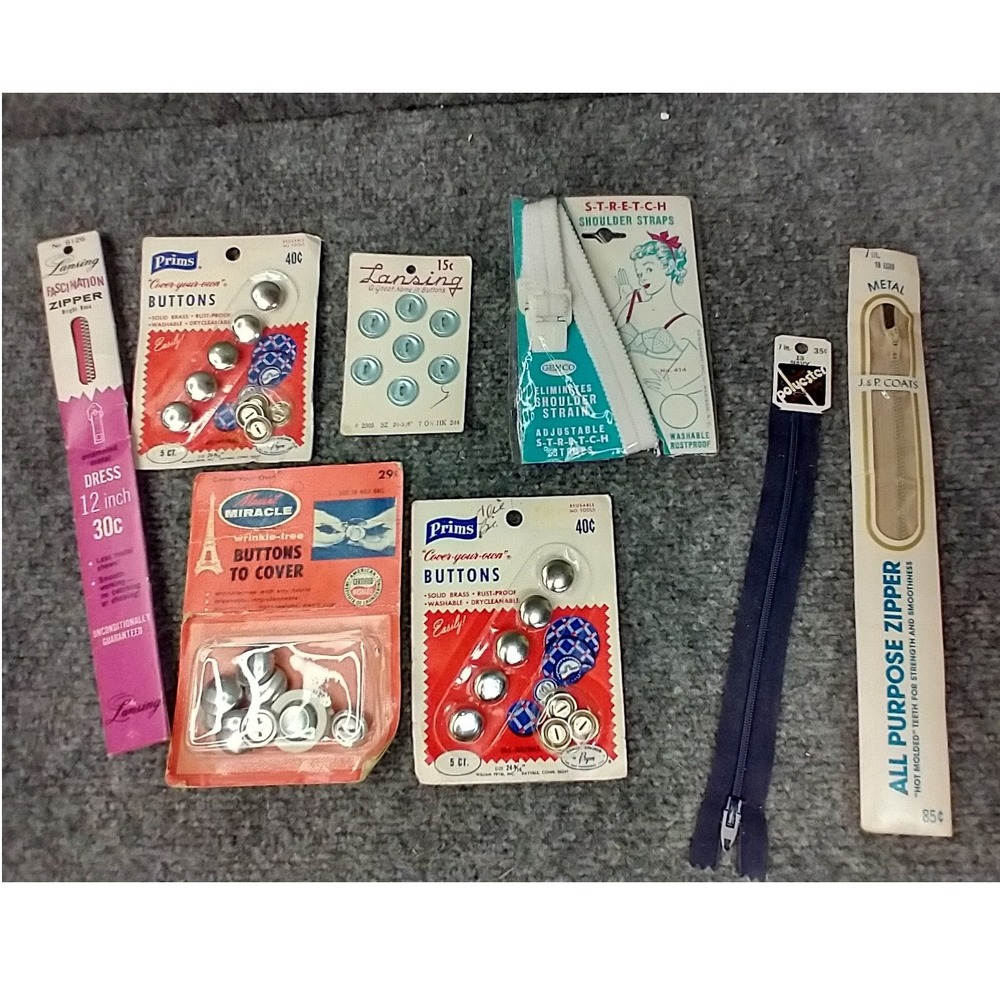 Vintage Sewing Notions Lot Mixed Size Multicolor Zippers Buttons Shoulder Straps